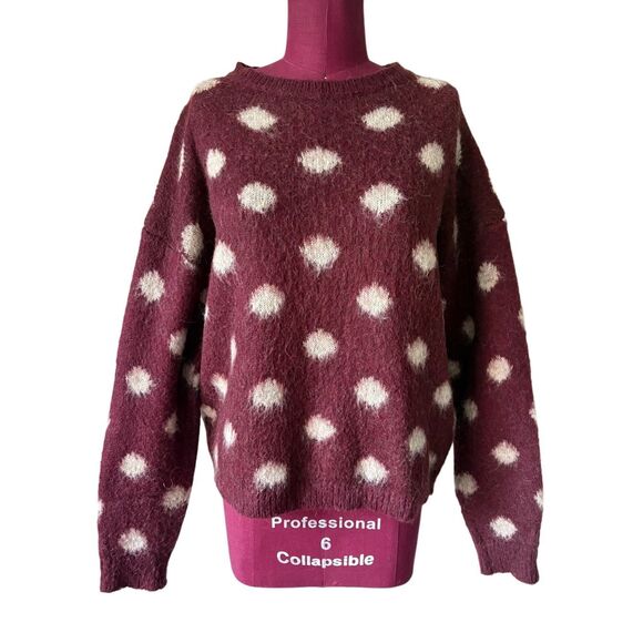Koan Knitwear Pullover Sweater Large L Mohair Wool Blend Burgundy Red Cream Dot - Picture 2 of 8